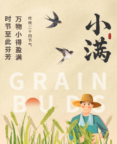 小满传统二十四节气、国风手绘、黄色模板
