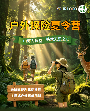 暑假户外探险夏令营、教育校园、简约、绿色模板