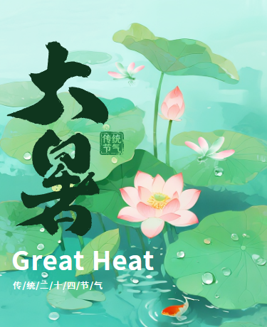 大暑二十四节气、清新插画、绿色模板