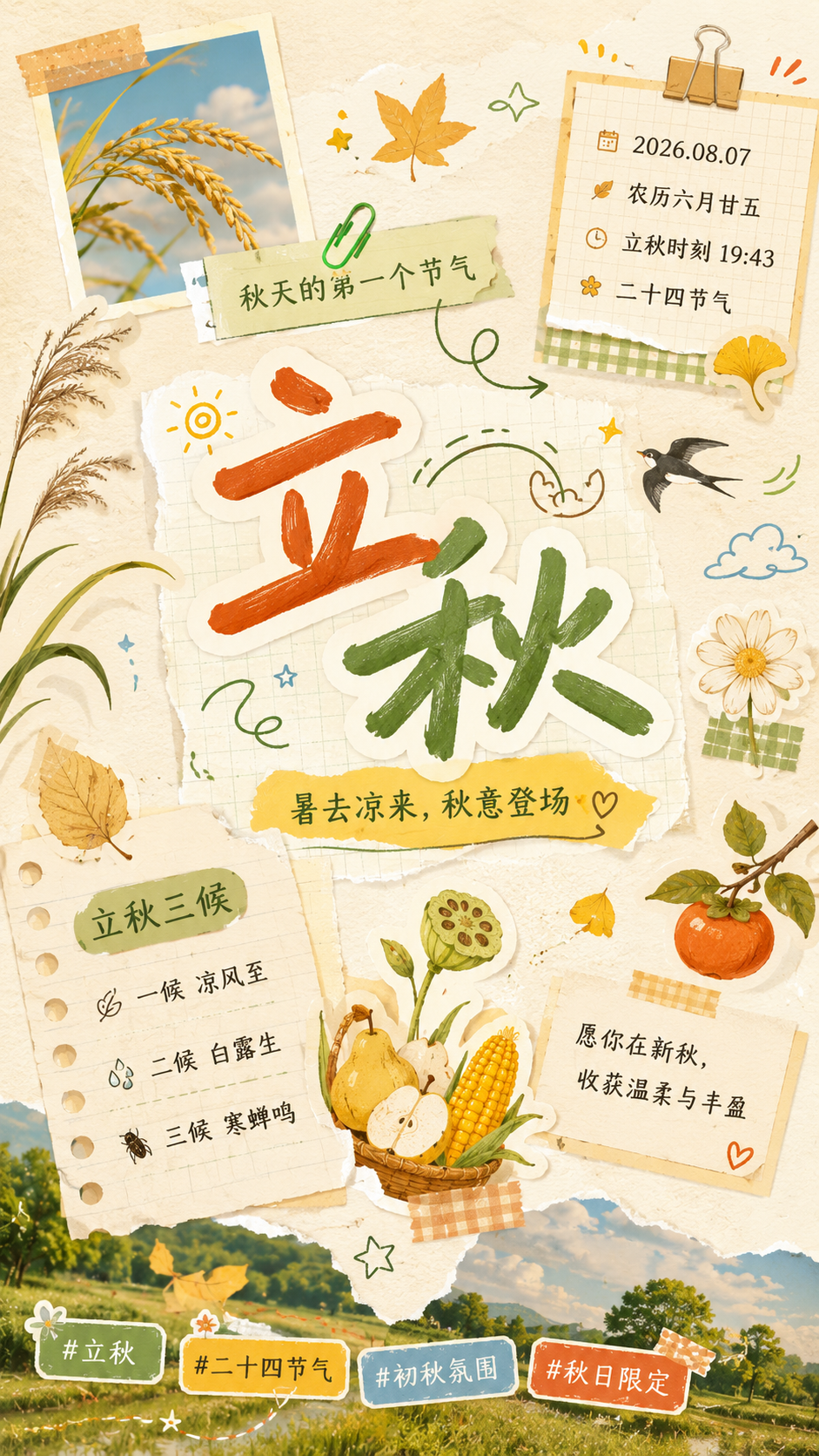 拼贴手帐风立秋海报