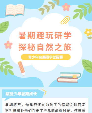 暑期研学营招募活动、校园教育、简约商务、蓝色模板