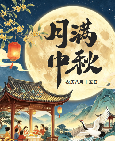 中秋佳节月满中秋社区活动、国风插画、黄色模板