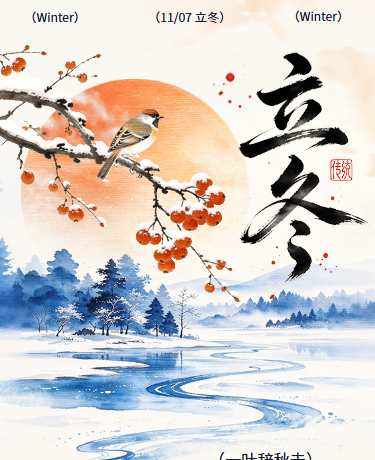 立冬传统节气习俗水彩插画蓝色橘色模版