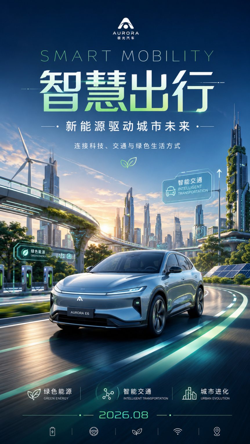 新能源行业活动海报:巨大风力发电机矗立在绿色山地与未来城市之间,融合科技光线、能源粒子,蓝绿色高级配色,标题“未来风能”