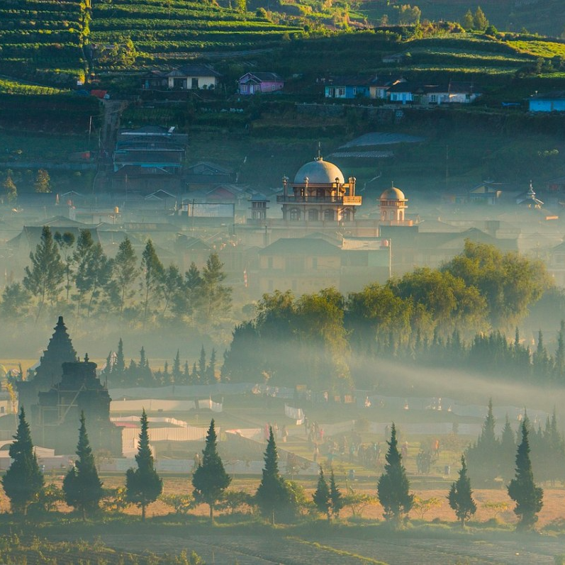 农村清晨的雾与第一缕阳光图片免费图片